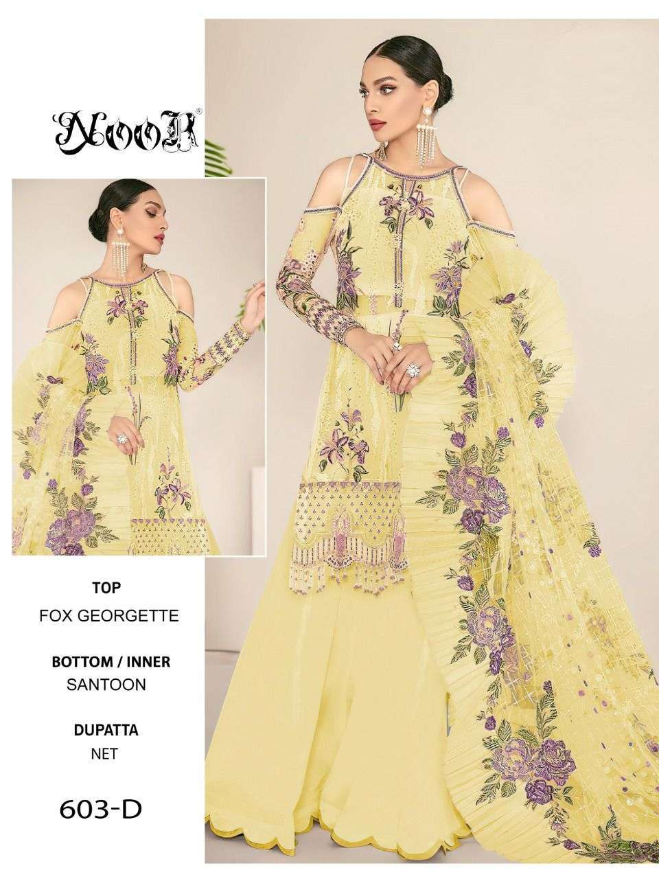 noor 603 colors Faux Georgette With Self Embroidery work with moti work suit