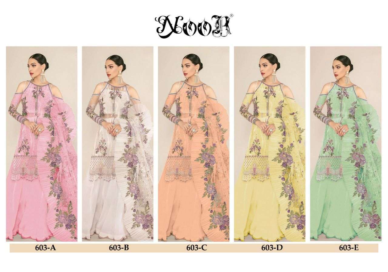 noor 603 colors Faux Georgette With Self Embroidery work with moti work suit
