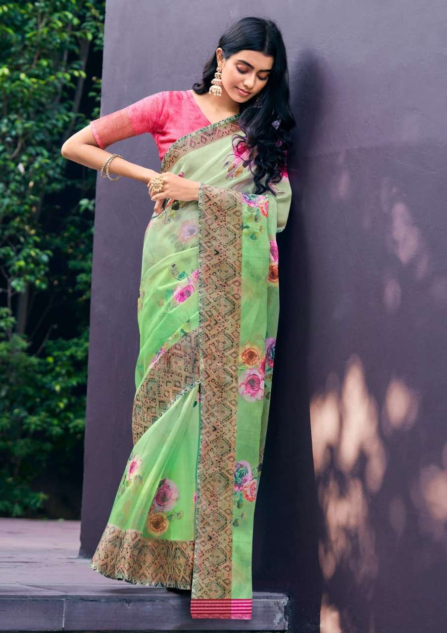 shangrila rosey orgenza vol 3 Digital floral Prints On Slub Organza saree