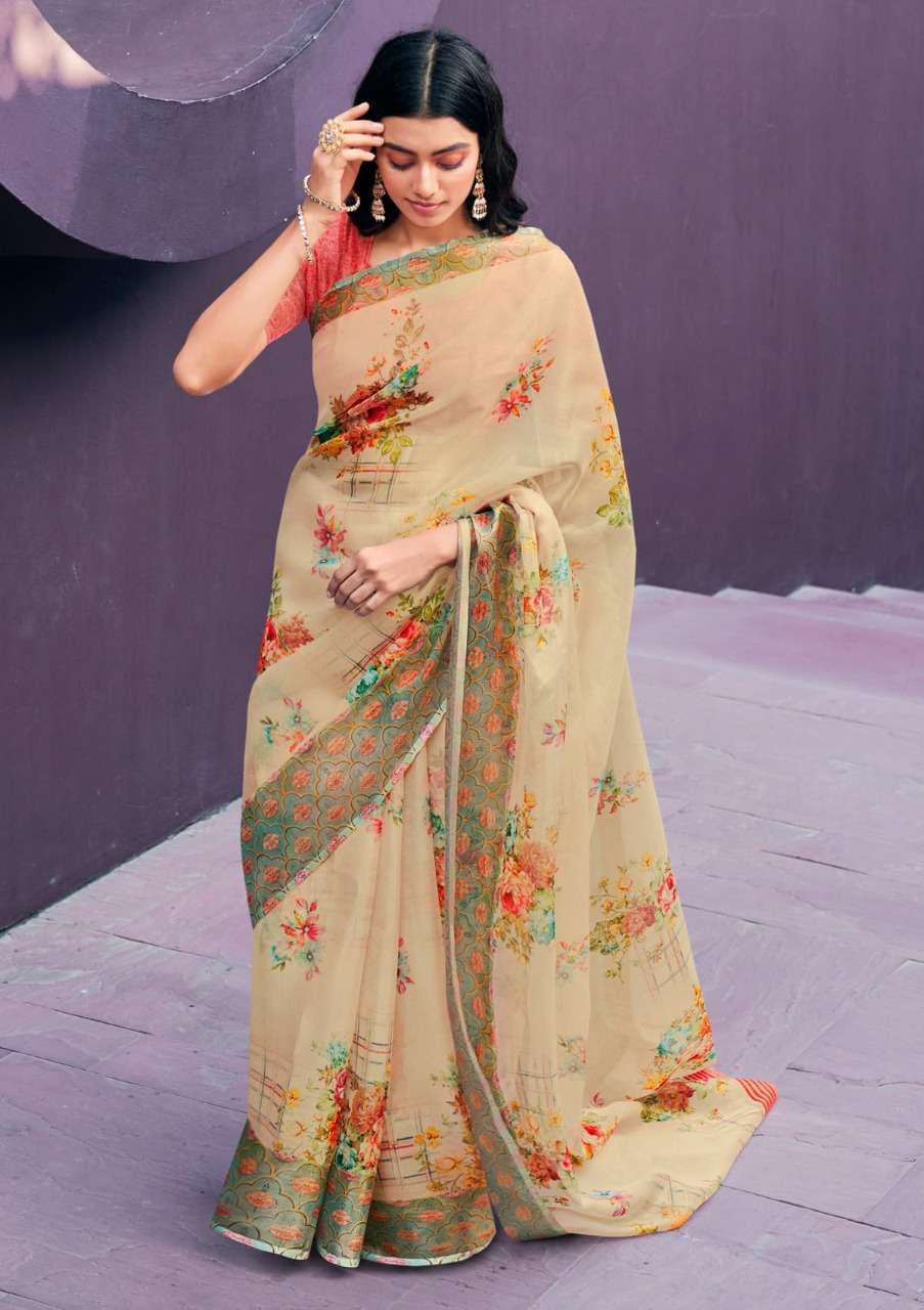 shangrila rosey orgenza vol 3 Digital floral Prints On Slub Organza saree