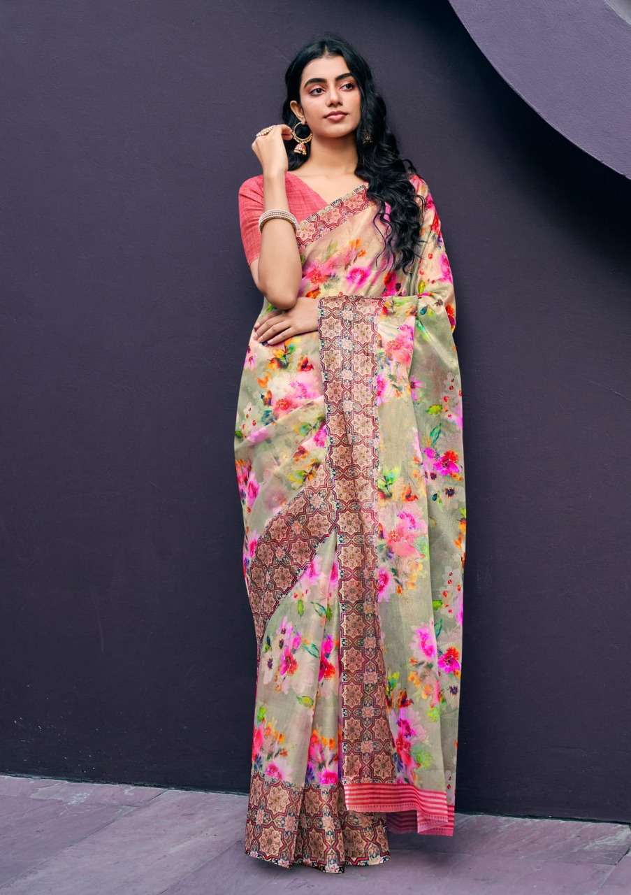 shangrila rosey orgenza vol 3 Digital floral Prints On Slub Organza saree