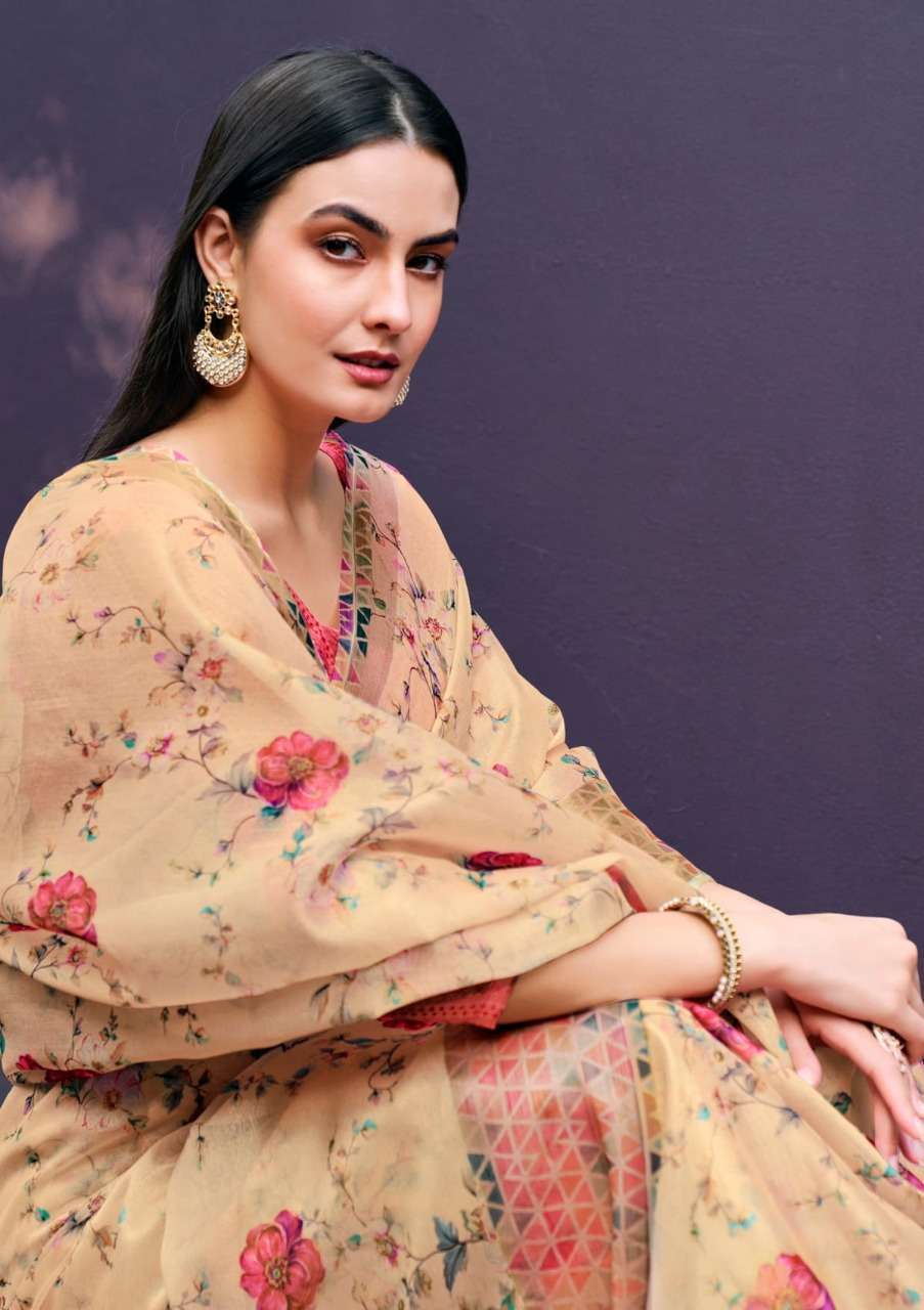 shangrila rosey orgenza vol 3 Digital floral Prints On Slub Organza saree