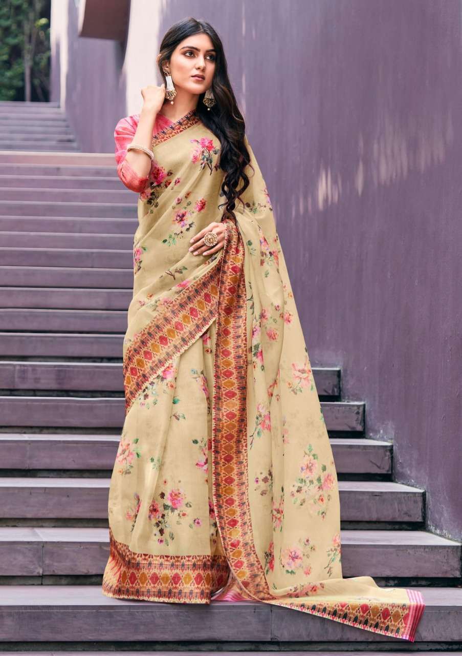 shangrila rosey orgenza vol 3 Digital floral Prints On Slub Organza saree