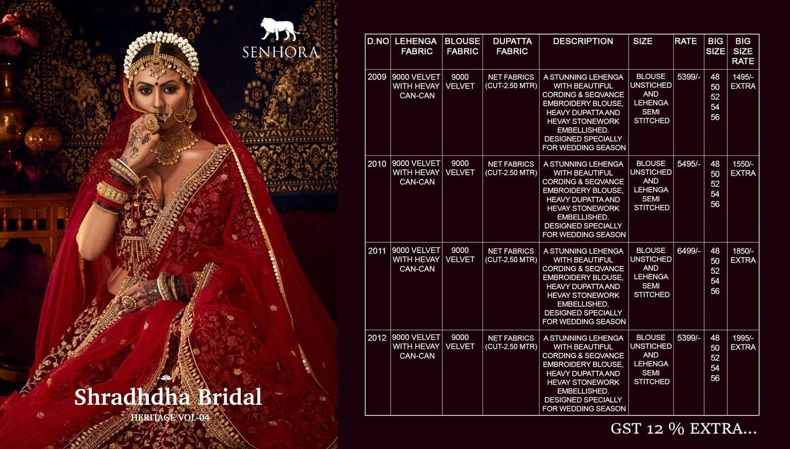 SENHORA SHRADHDHA BRIDAL HERITAGE VOL-4 9000 VELVET LEHENGA 