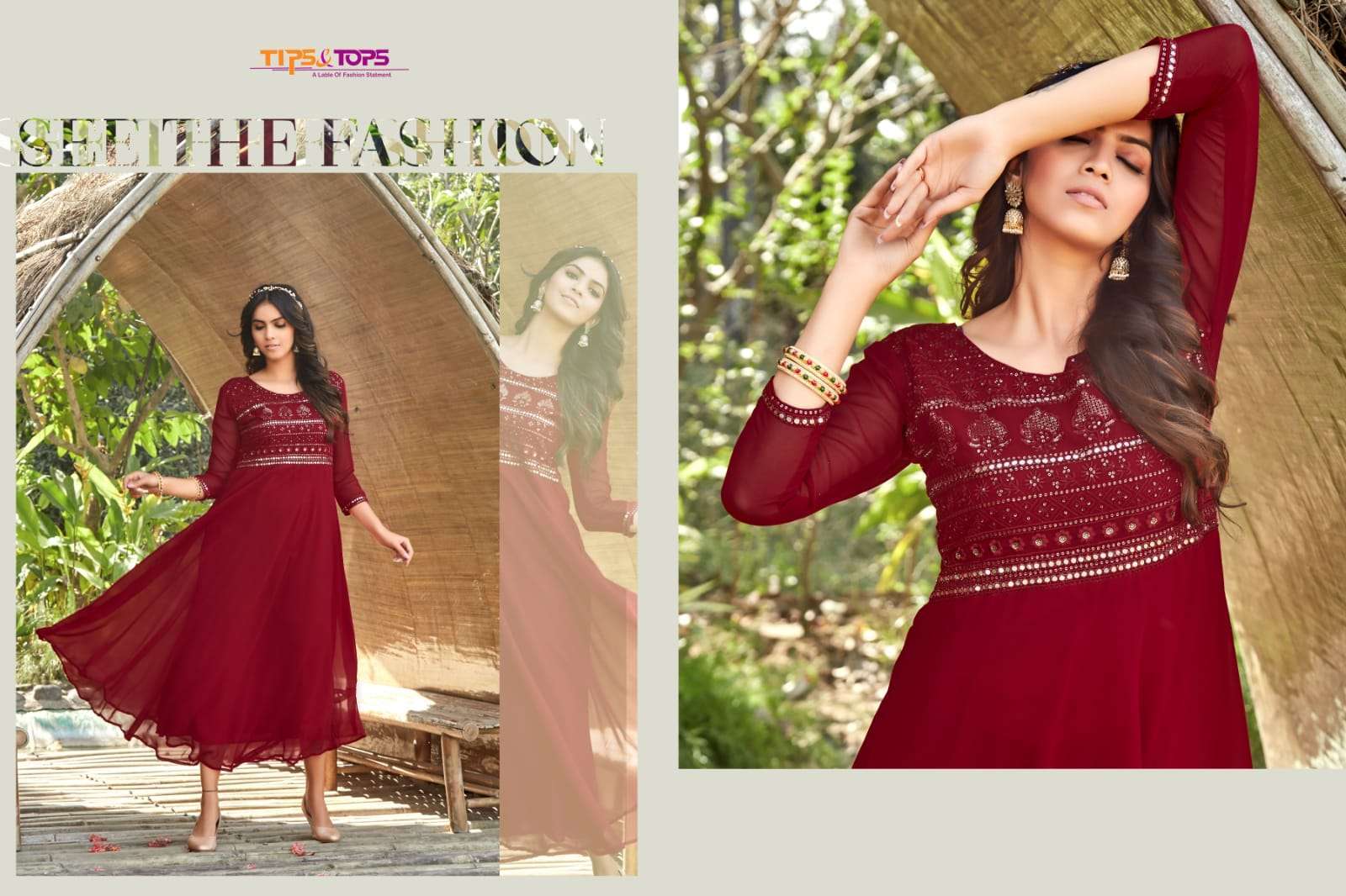 tips & tops cindrella Heavy Georgette Mirror work Full Flair gown