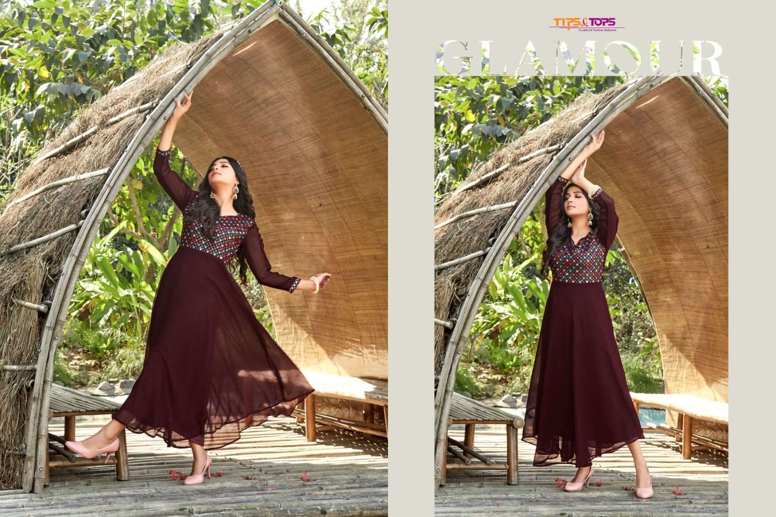 tips & tops cindrella Heavy Georgette Mirror work Full Flair gown