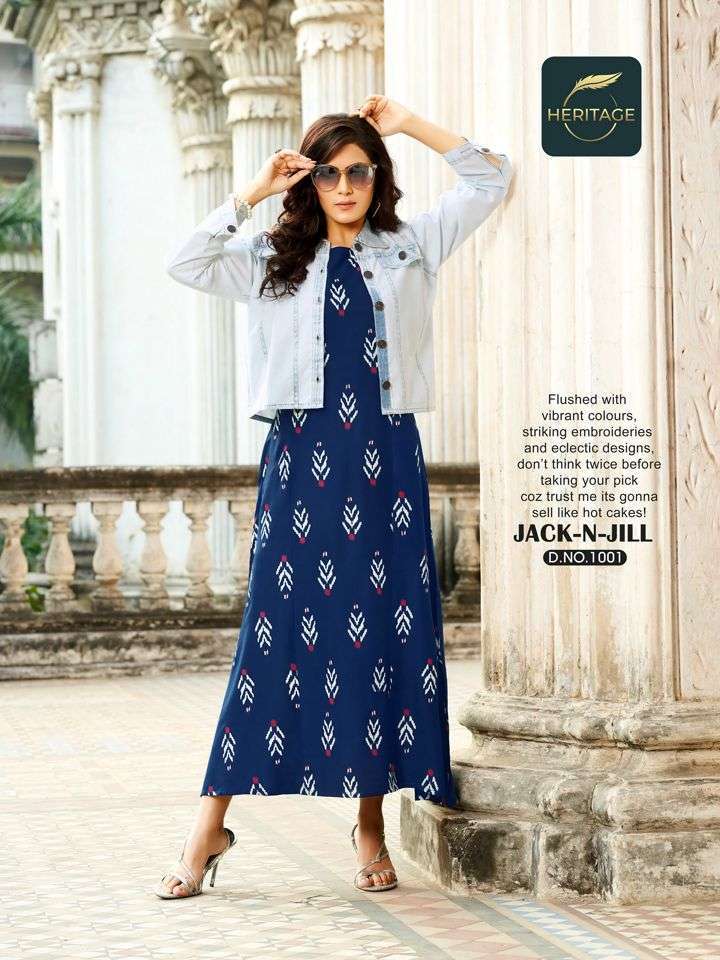 heritage jack n jill series 1001-1006 rayon kurti with denim jacket