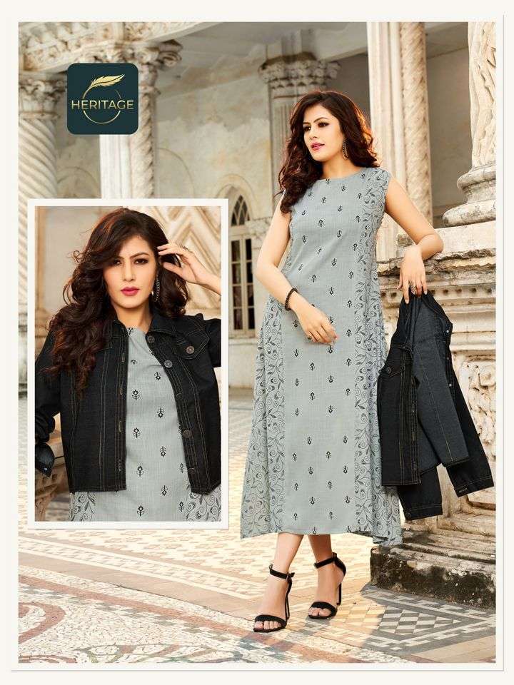 heritage jack n jill series 1001-1006 rayon kurti with denim jacket