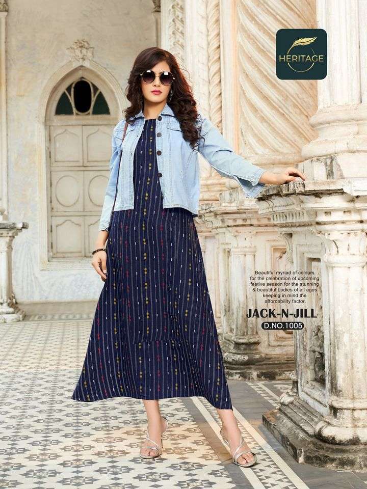 heritage jack n jill series 1001-1006 rayon kurti with denim jacket
