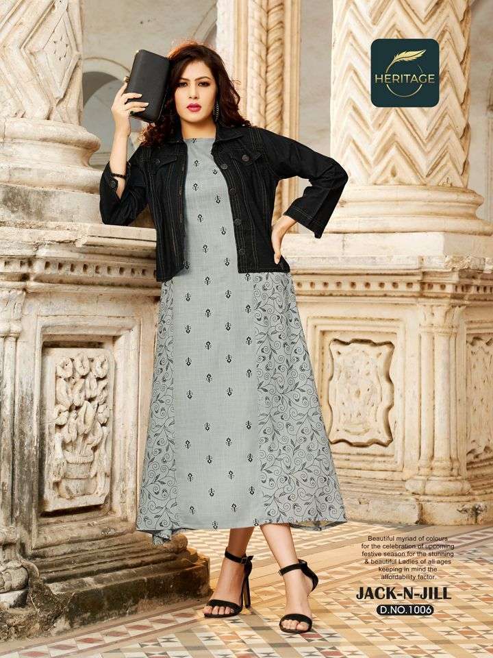 heritage jack n jill series 1001-1006 rayon kurti with denim jacket