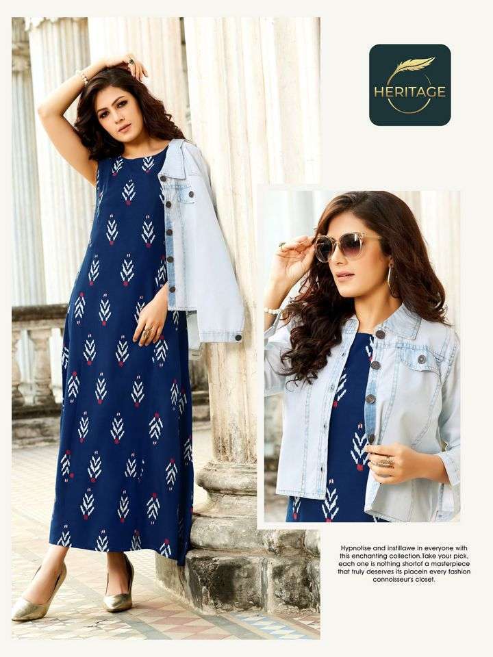 heritage jack n jill series 1001-1006 rayon kurti with denim jacket