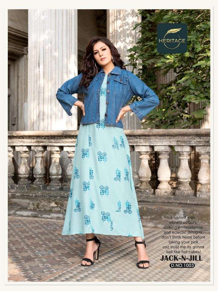 heritage jack n jill series 1001-1006 rayon kurti with denim jacket
