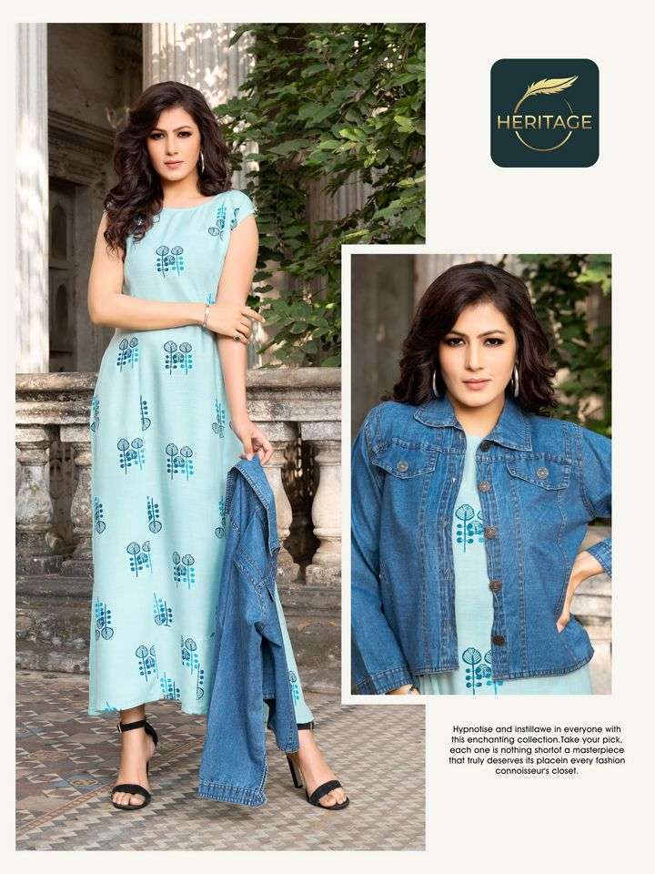 heritage jack n jill series 1001-1006 rayon kurti with denim jacket