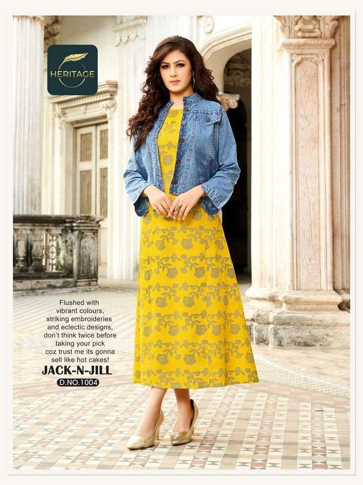 heritage jack n jill series 1001-1006 rayon kurti with denim jacket