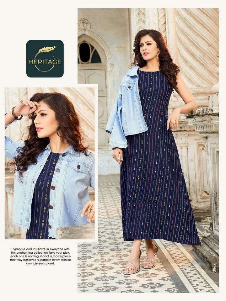 heritage jack n jill series 1001-1006 rayon kurti with denim jacket