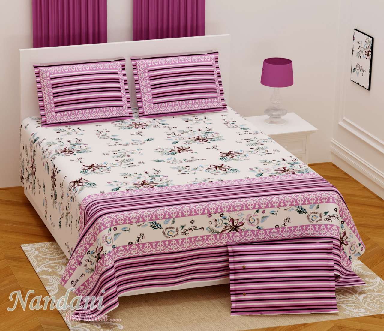 nandini king size 1 bedsheets with 2 pillow cover twill satin floral prints
