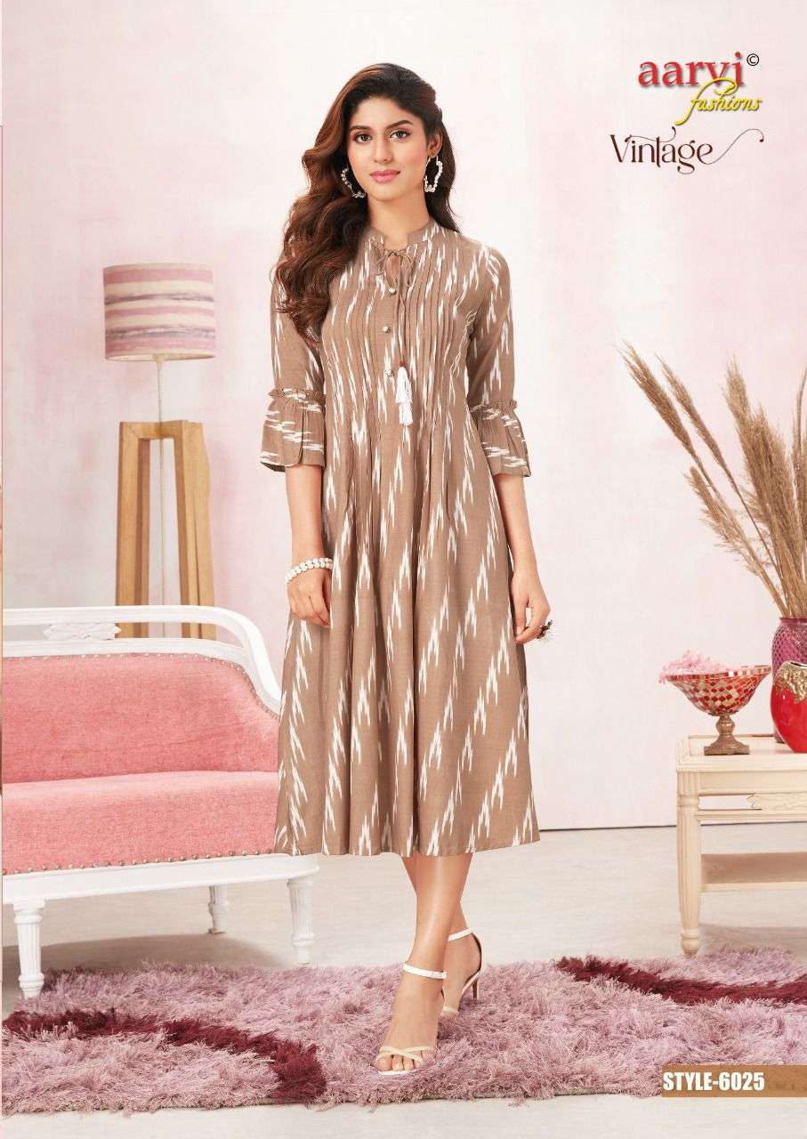 Aarvi Vintage Vol-1 series 6025-6030 Pure Rayon Print kurti
