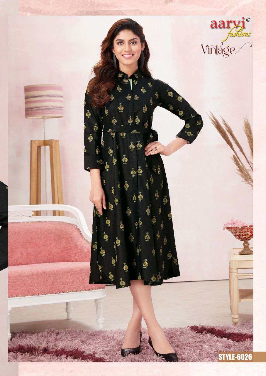 Aarvi Vintage Vol-1 series 6025-6030 Pure Rayon Print kurti