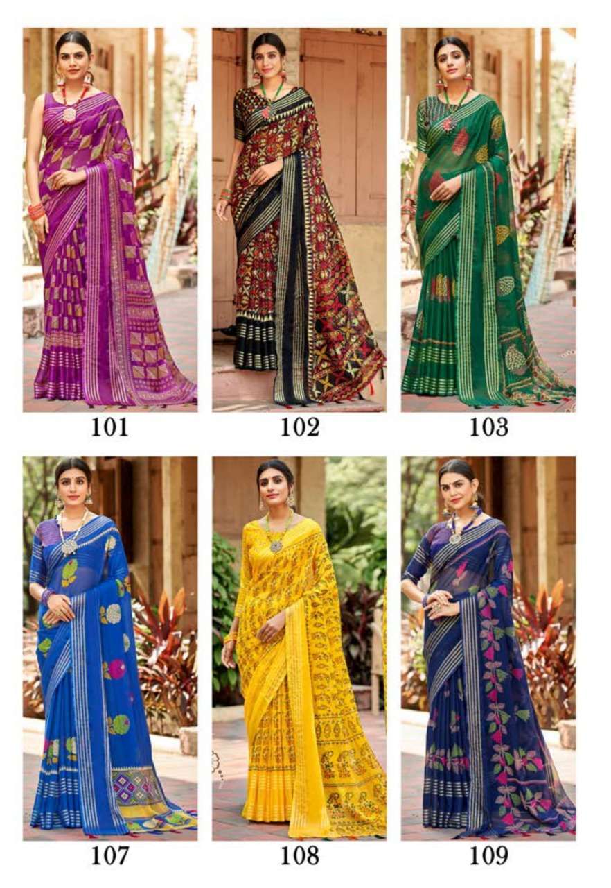 vinamra corporation sanaya silk series 101-109 Chiffon Viscose Patta saree