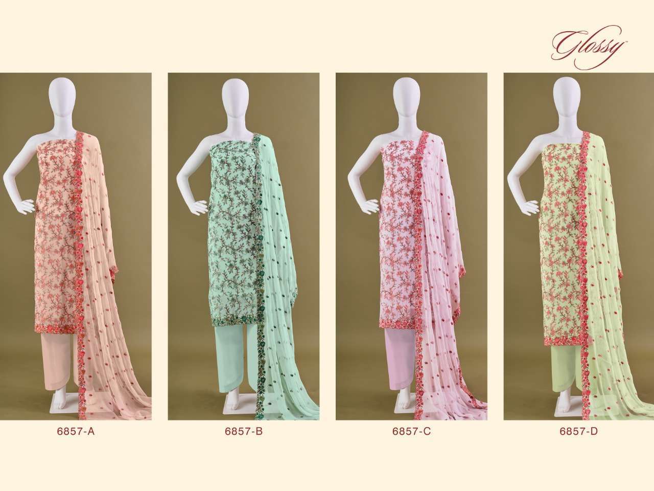 glossy 6857 design 4 color real georgette combo set ladies suits