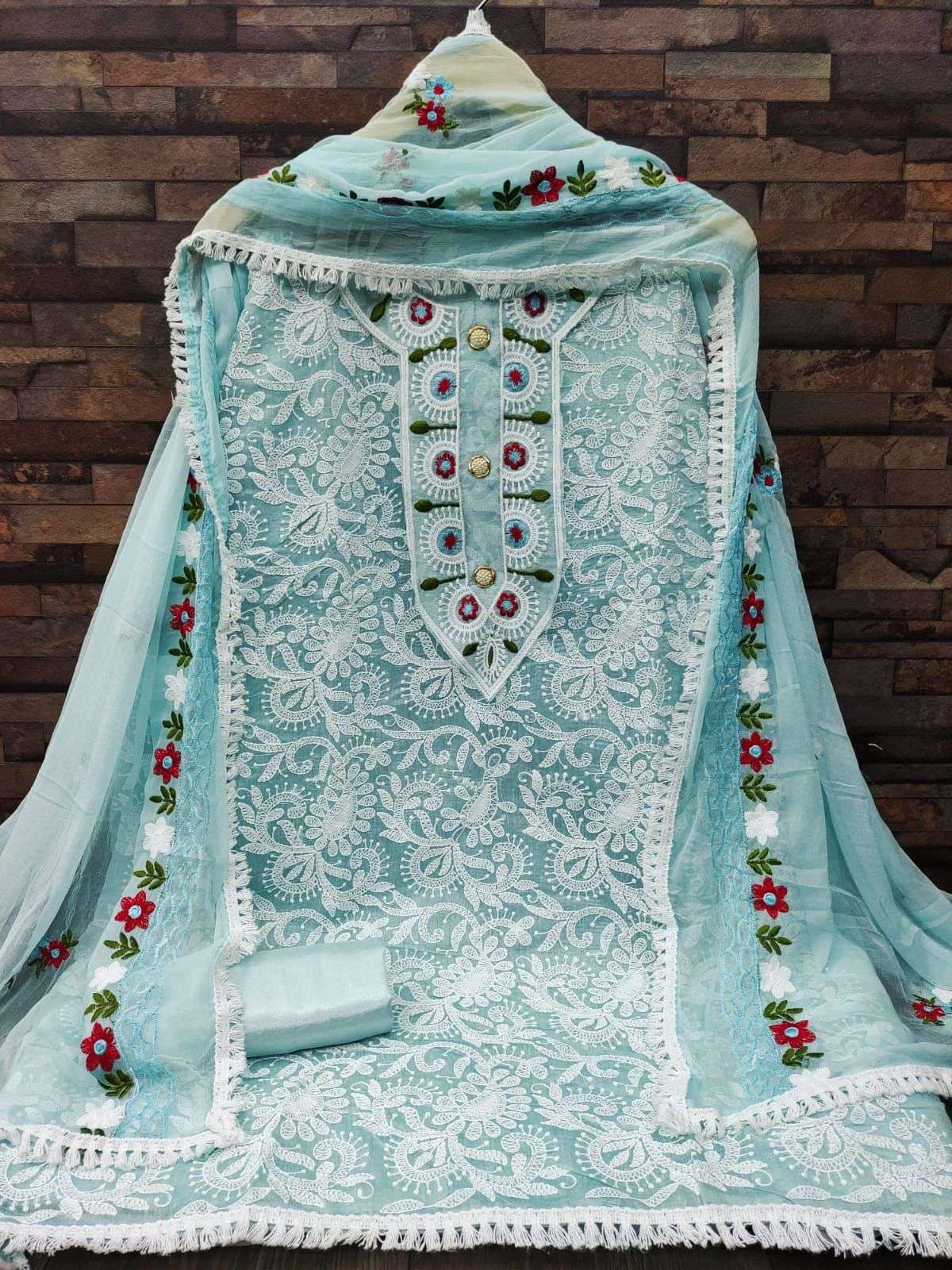 BT-10 DESIGNER CHANDERI LUCKNOW CHIKEN WORK NON CATALOG SUIT 