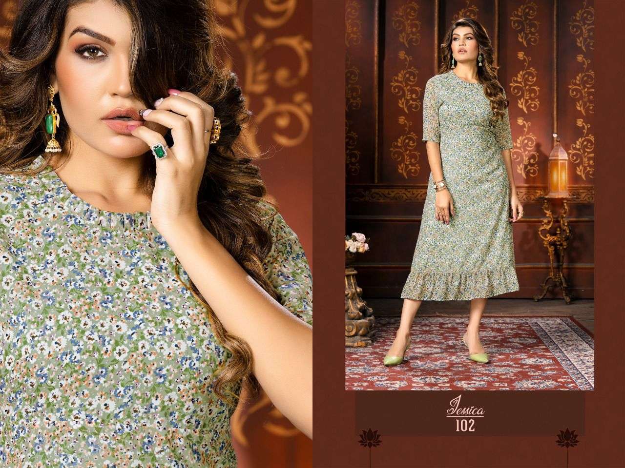 JESSICA PRINT HEAVY GEORGETTE PRINT FROCK KURTI STYLE KURTI CATALOG WHOLESALER BEST RATE