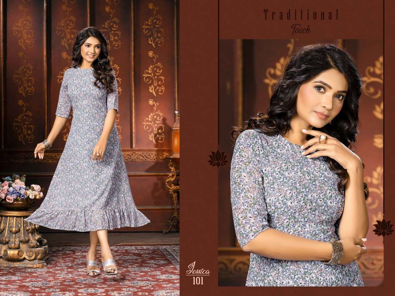 JESSICA PRINT HEAVY GEORGETTE PRINT FROCK KURTI STYLE KURTI CATALOG WHOLESALER BEST RATE