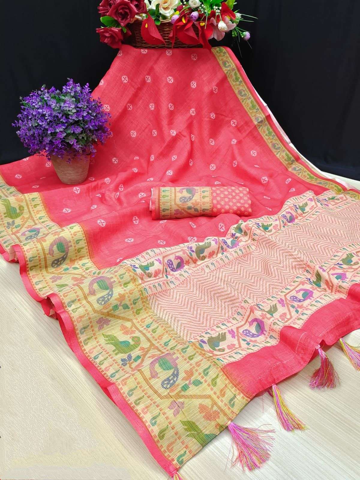 linen sarees with solid HD color print
