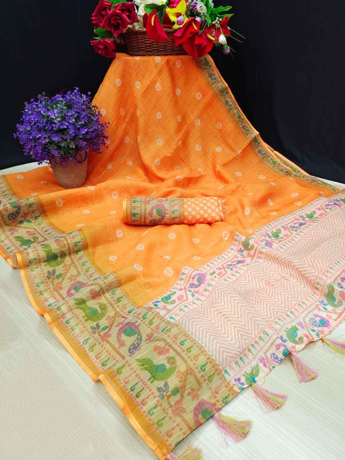 linen sarees with solid HD color print