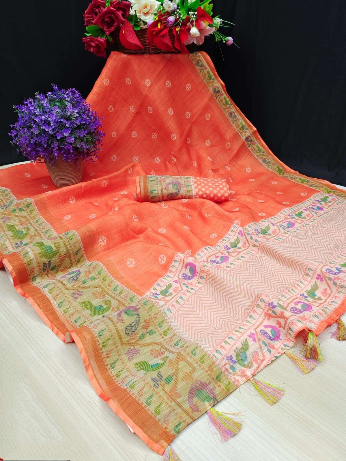 linen sarees with solid HD color print