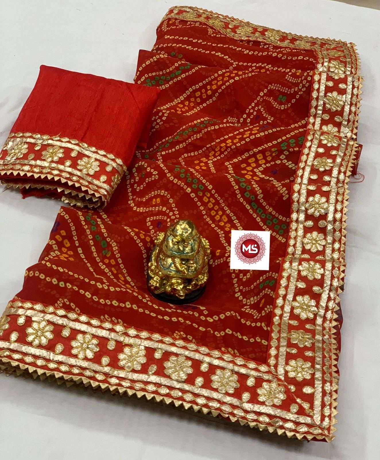 Ms brand red georgette bandhani saree 
