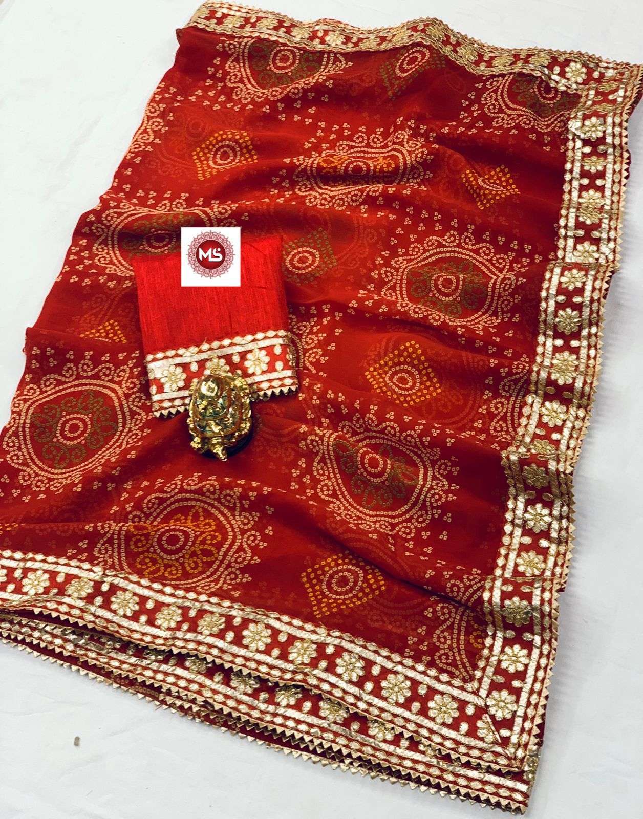Ms brand red georgette bandhani saree 