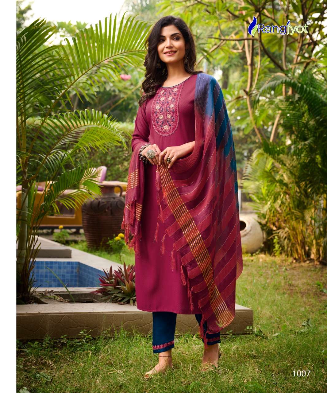 Dobby Rayon suit With Stylist Neck Embroidery Work
