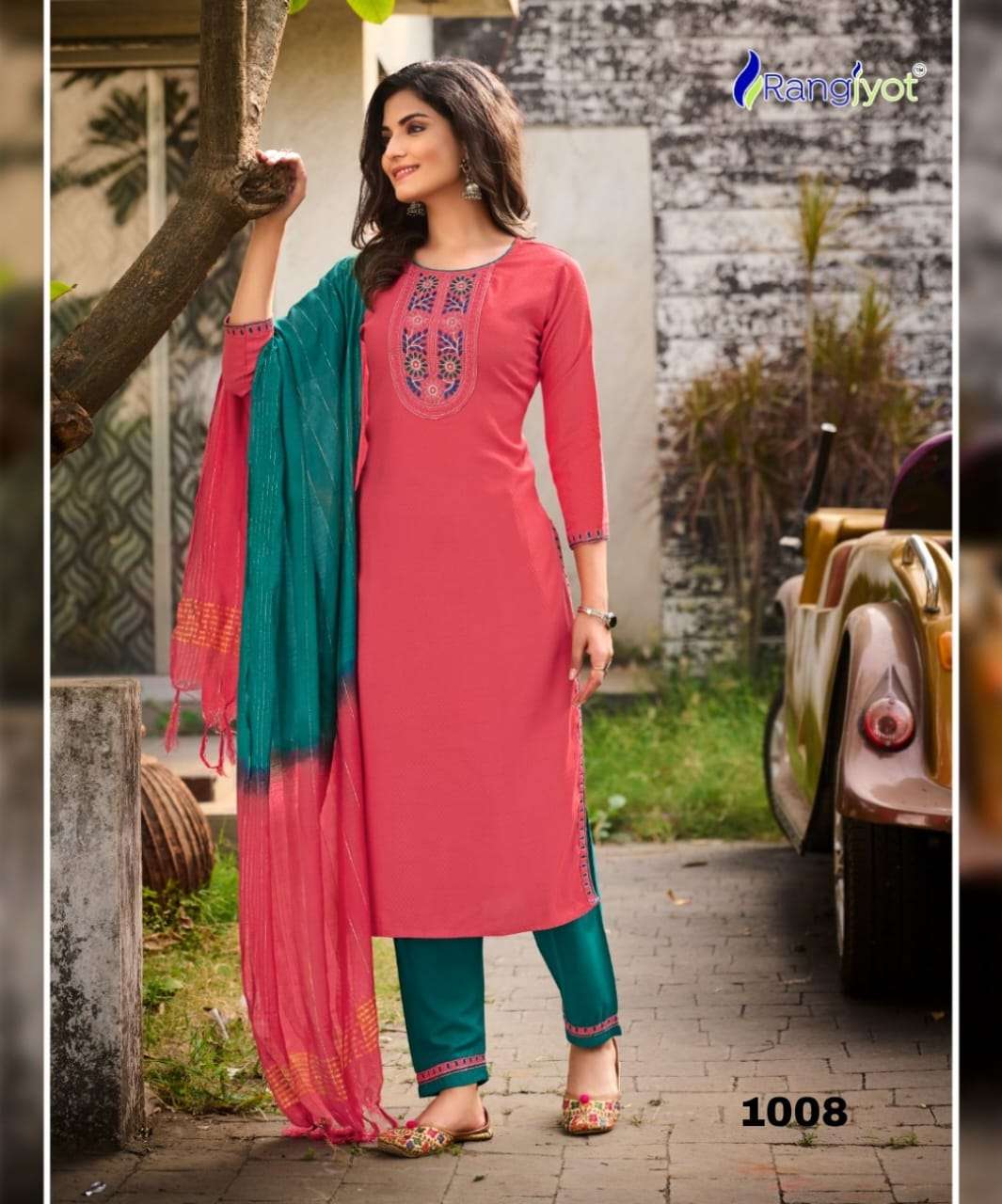 Dobby Rayon suit With Stylist Neck Embroidery Work