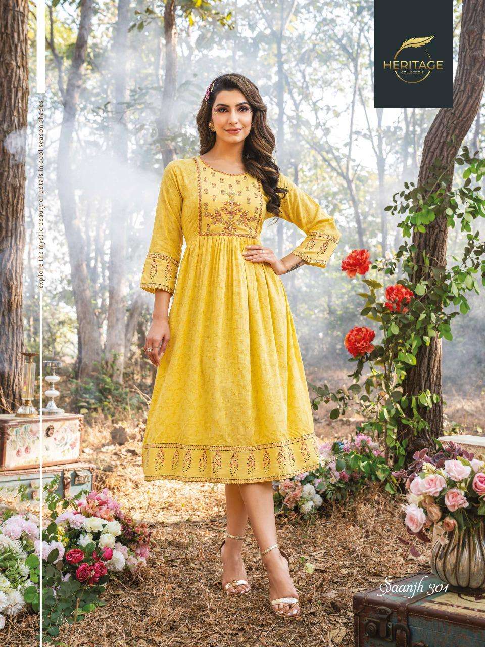 heritage saanjh vol 3 series 301-306 rayon slub kurti 