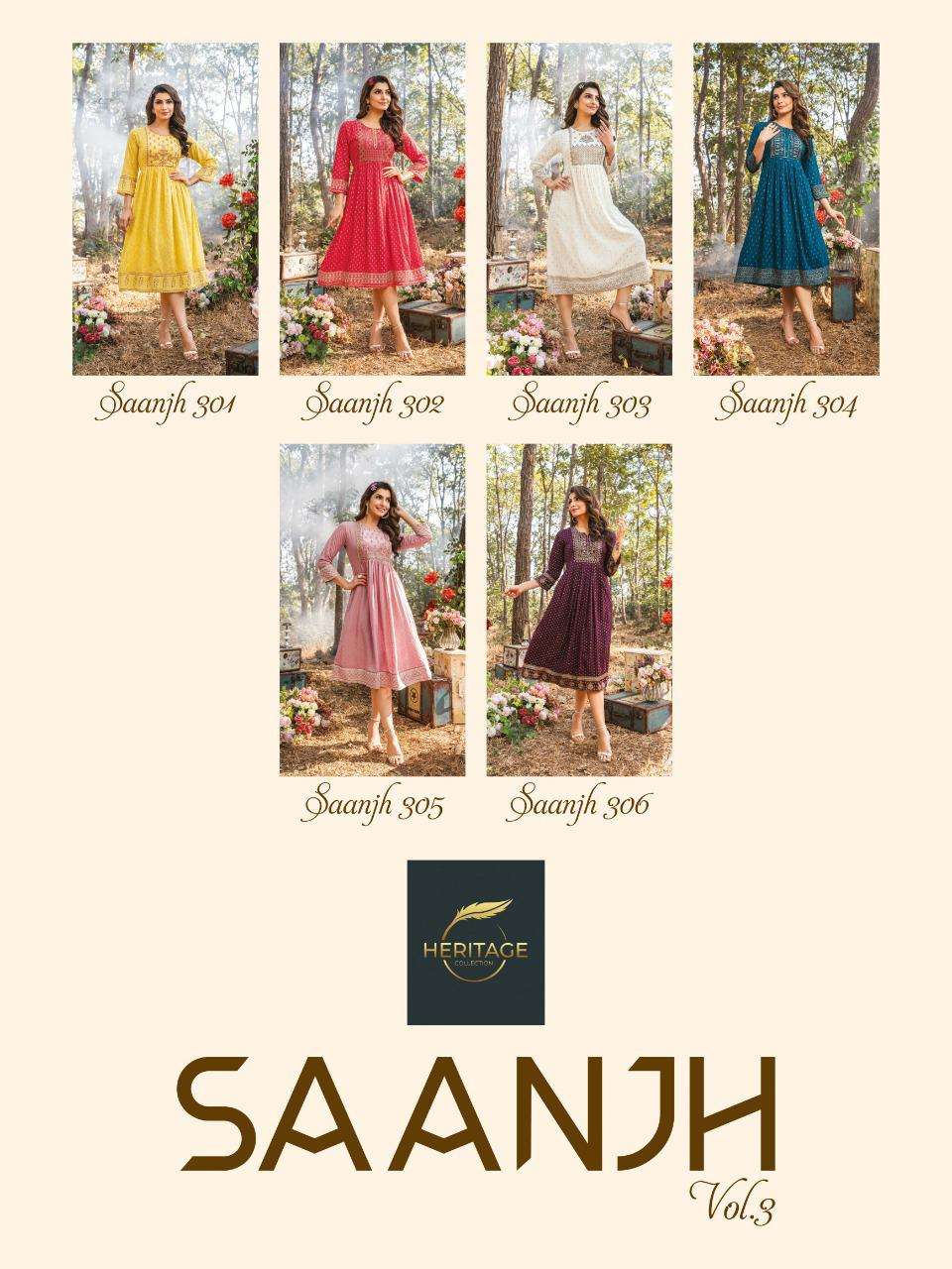heritage saanjh vol 3 series 301-306 rayon slub kurti 