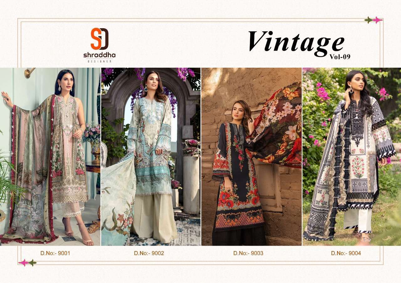 shraddha designer vintage vol 9 series 9001-9004 lawn cotton suit 