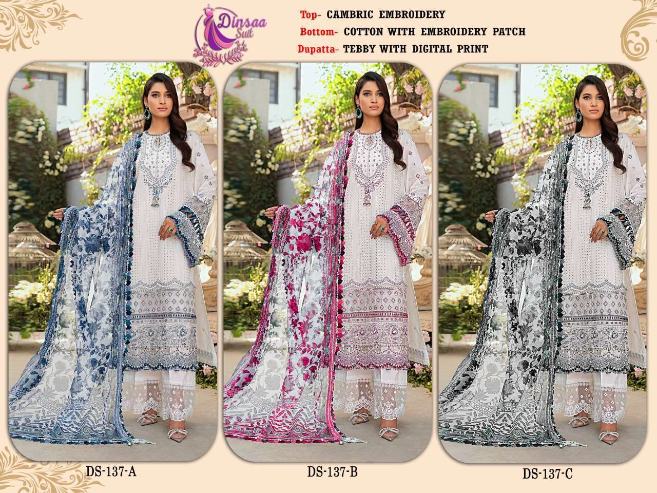 dinsaa suit roohi color DS-137 ABC cambric embroidered suit 