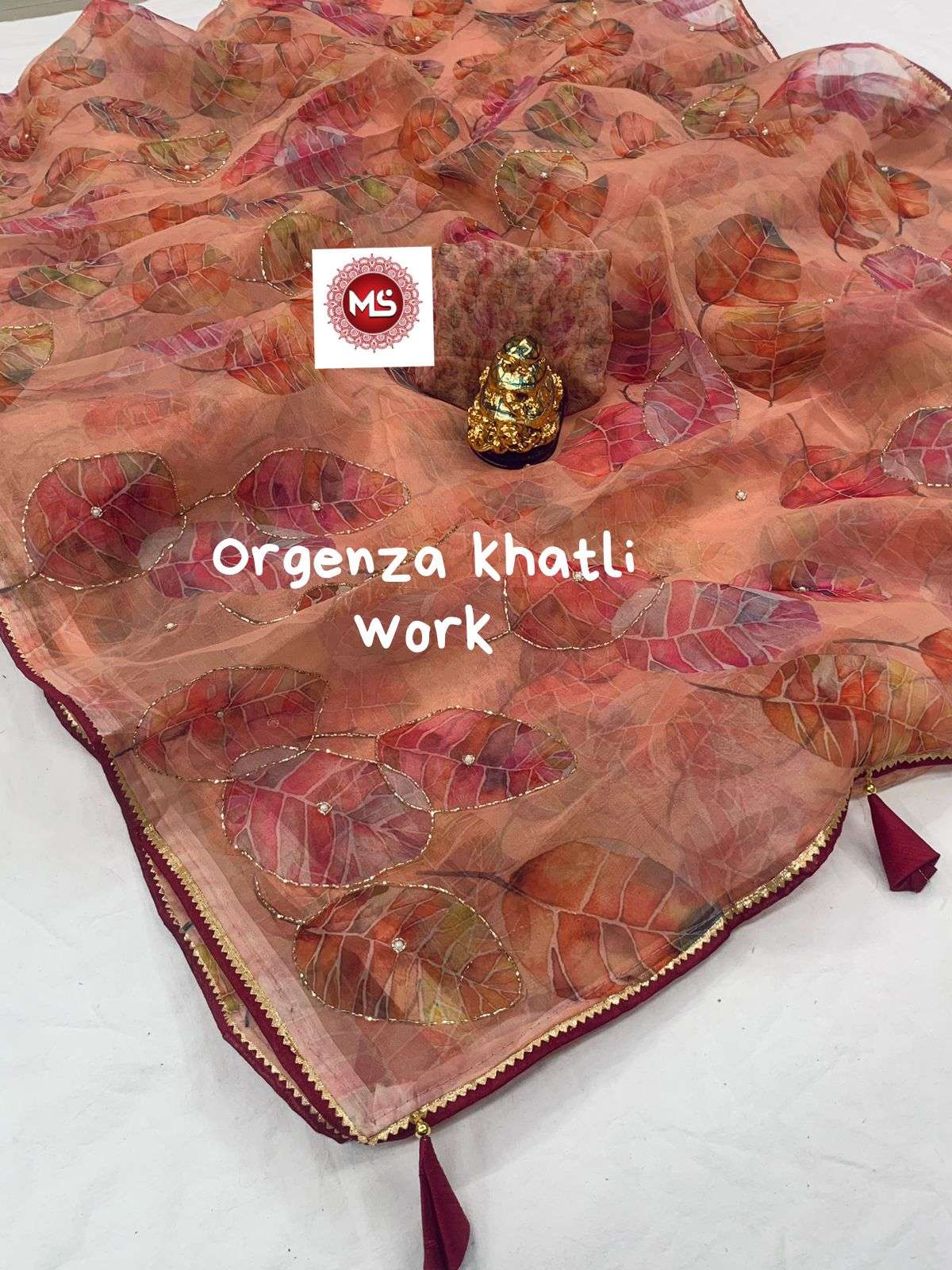 Ms brand organza digital print khatli work saree 