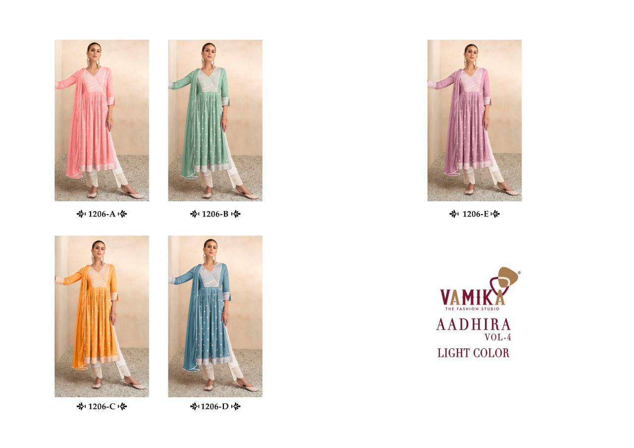vamika aadhira vol 4 light color series 1206 pure viscose rayon suit 