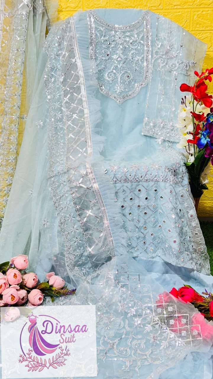dinsaa 149 e new sky blue color organza embroidered suit 