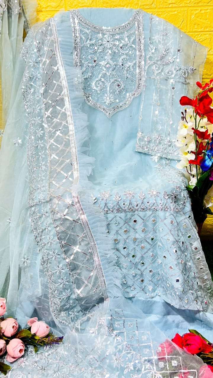dinsaa 149 e new sky blue color organza embroidered suit 
