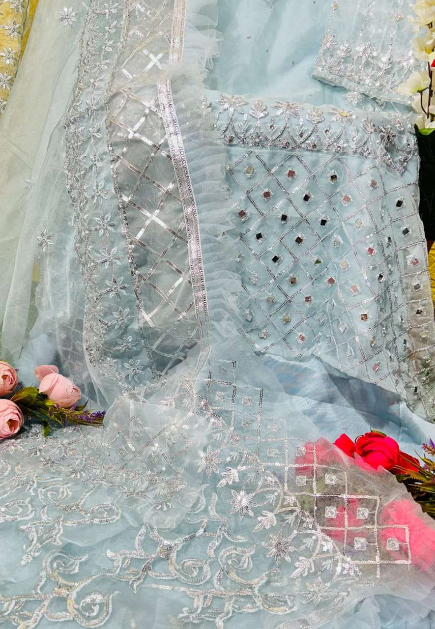 dinsaa 149 e new sky blue color organza embroidered suit 