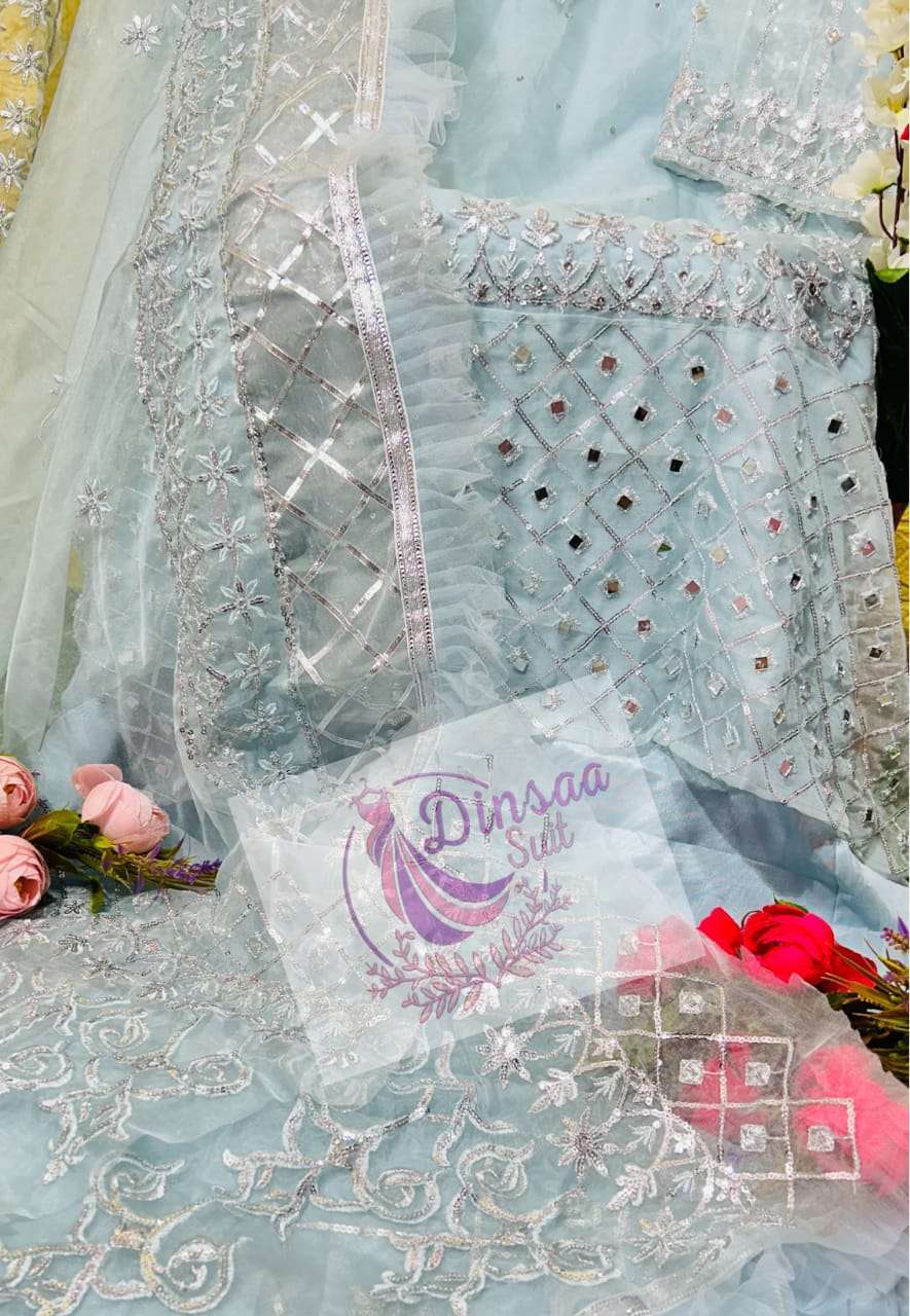 dinsaa 149 e new sky blue color organza embroidered suit 