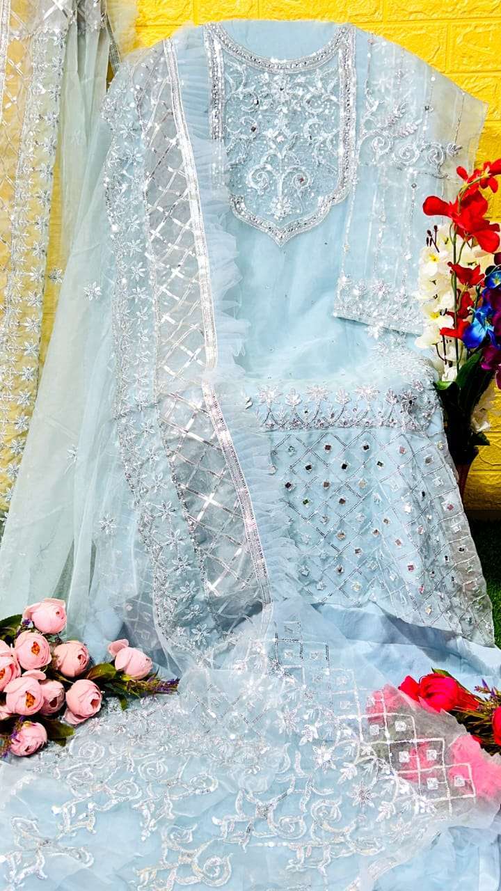 dinsaa 149 e new sky blue color organza embroidered suit 