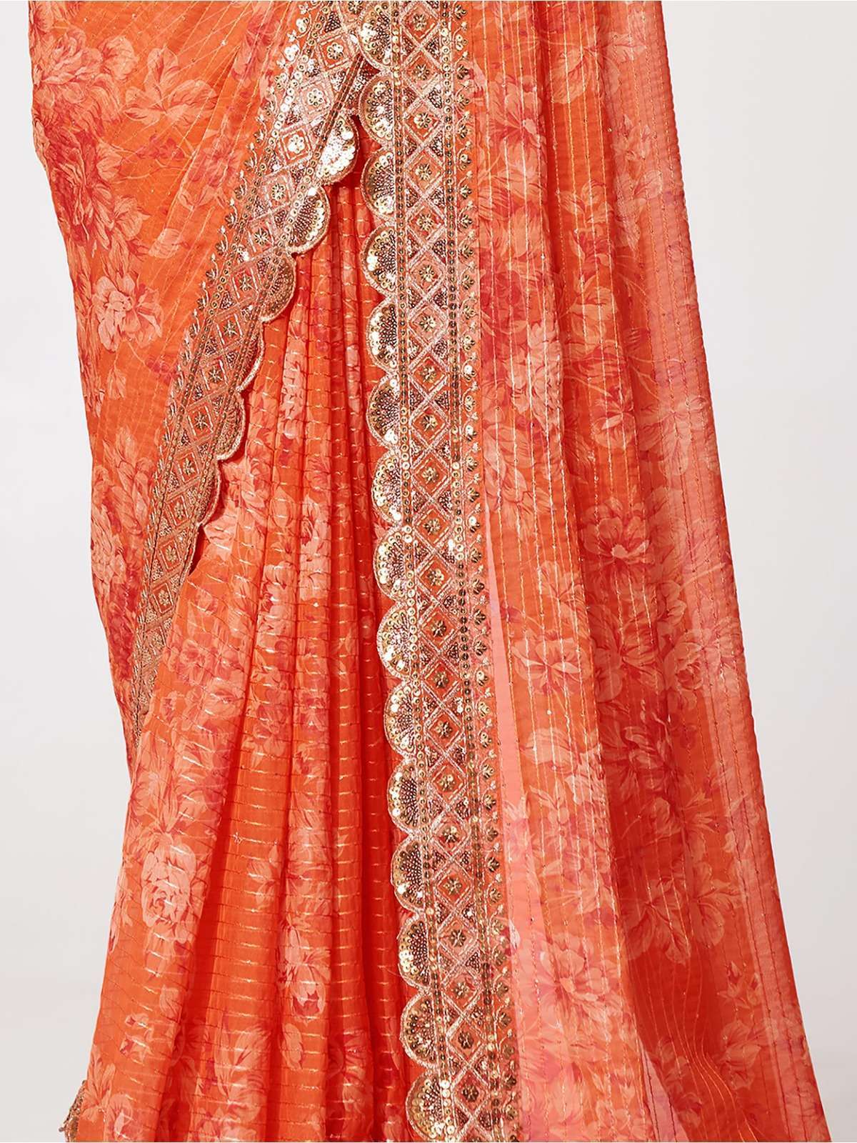 pr 1102 fancy floral designer border wedding wear orange color single saree