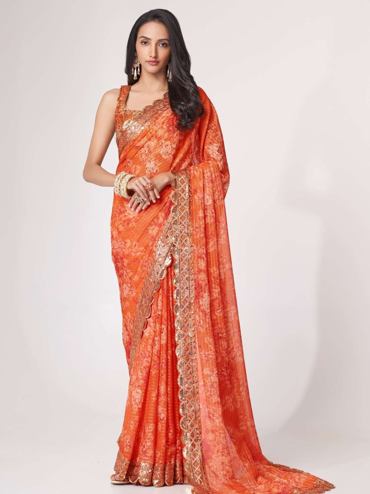 pr 1102 fancy floral designer border wedding wear orange color single saree