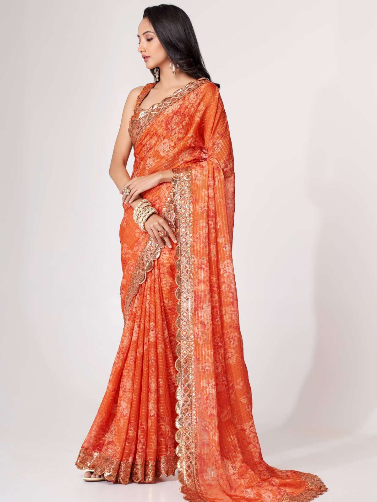 pr 1102 fancy floral designer border wedding wear orange color single saree