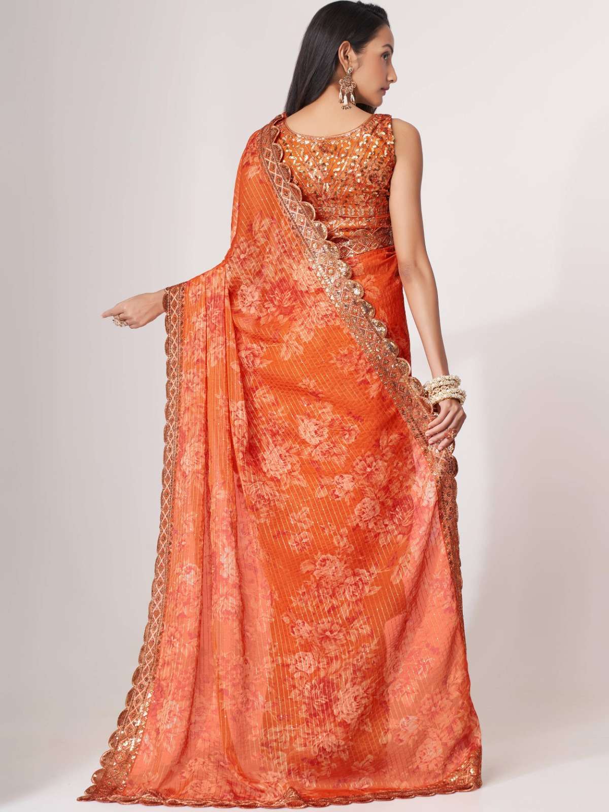 pr 1102 fancy floral designer border wedding wear orange color single saree
