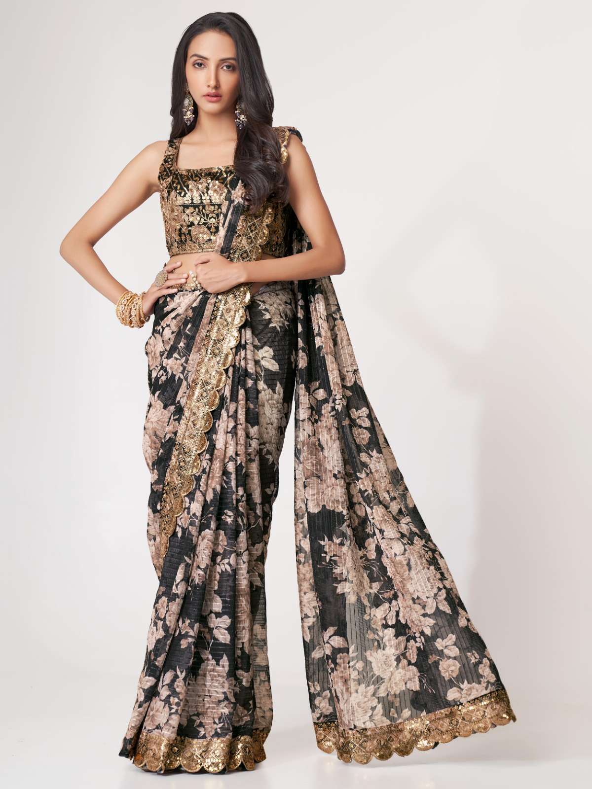 pr 1103 fancy floral black color classic saree single design